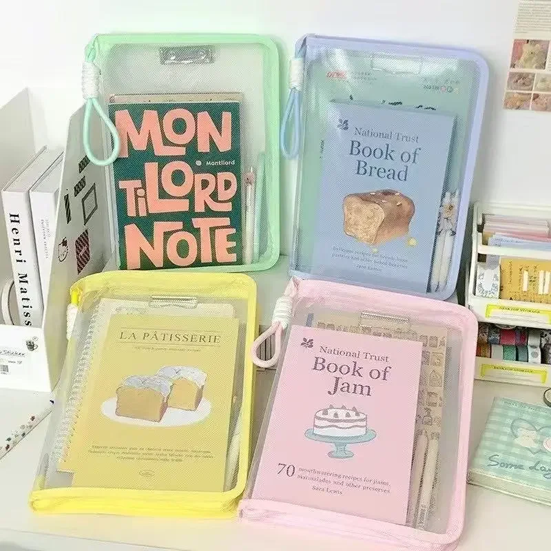 A4 Transparent Zippered Document Storage Bag with Clip Expanded Mesh Pouch for Teaching Plan & Homework Organization