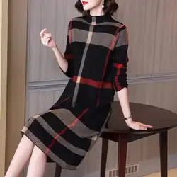 Autunno inverno nuovo Vintage Plaid abiti da donna manica lunga o-collo allentato tutto-fiammifero vestito lavorato a maglia elegante moda donna abbigliamento