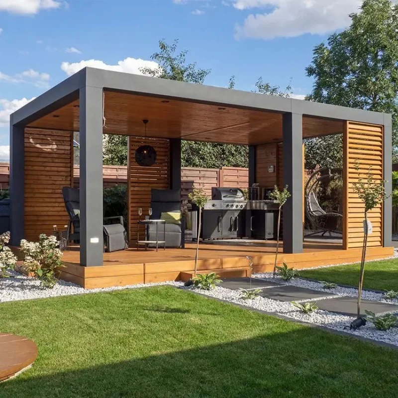 Pergola de cuisine extérieure en aluminium et bois |   Gazebo BBQ avec écrans à lamelles pour jardin