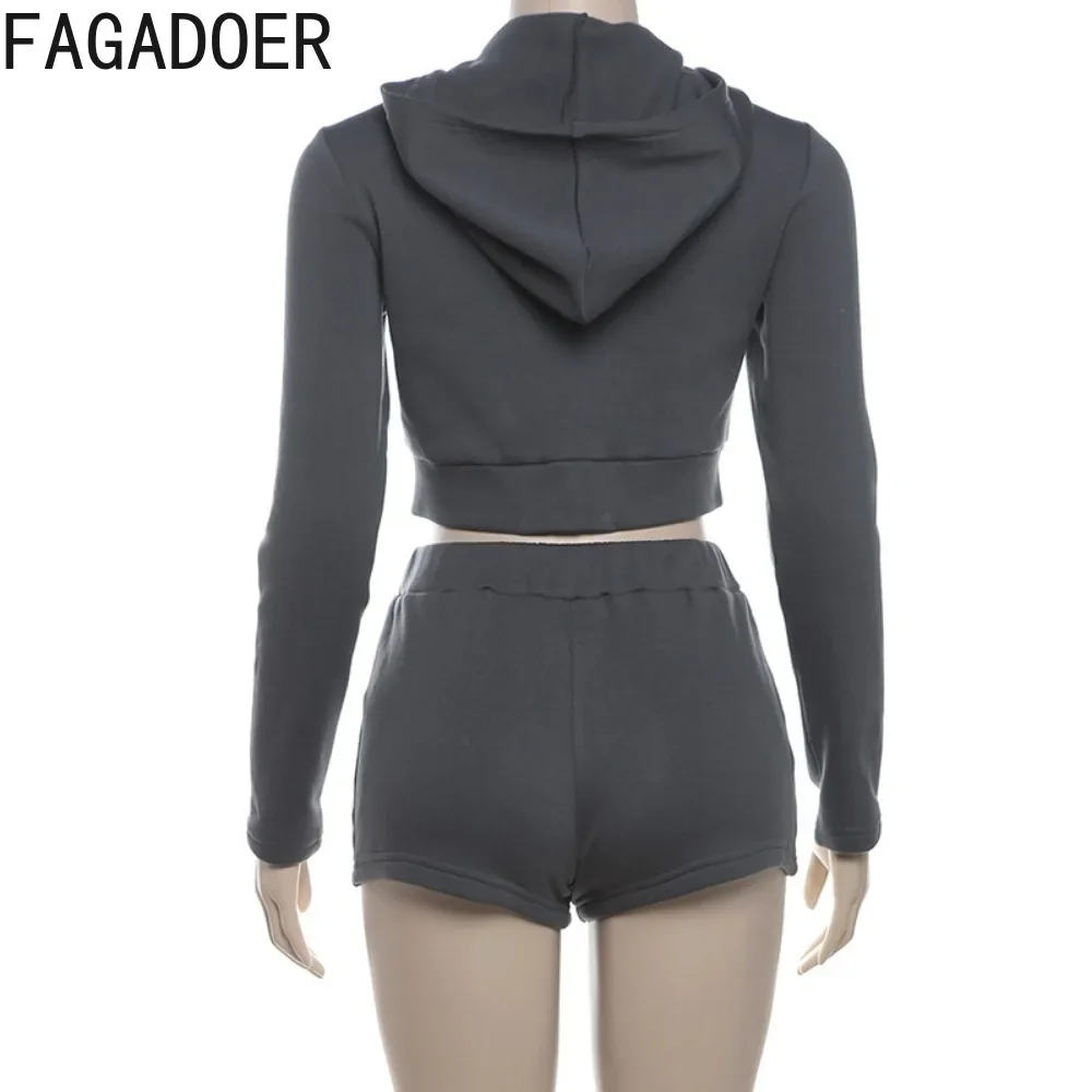 FAGADOER Autumn New Letter Print Hooded Two Piece Sets For Women Zipper Long Sleeve Crop Top And Shorts Outfits Female Tracksuit