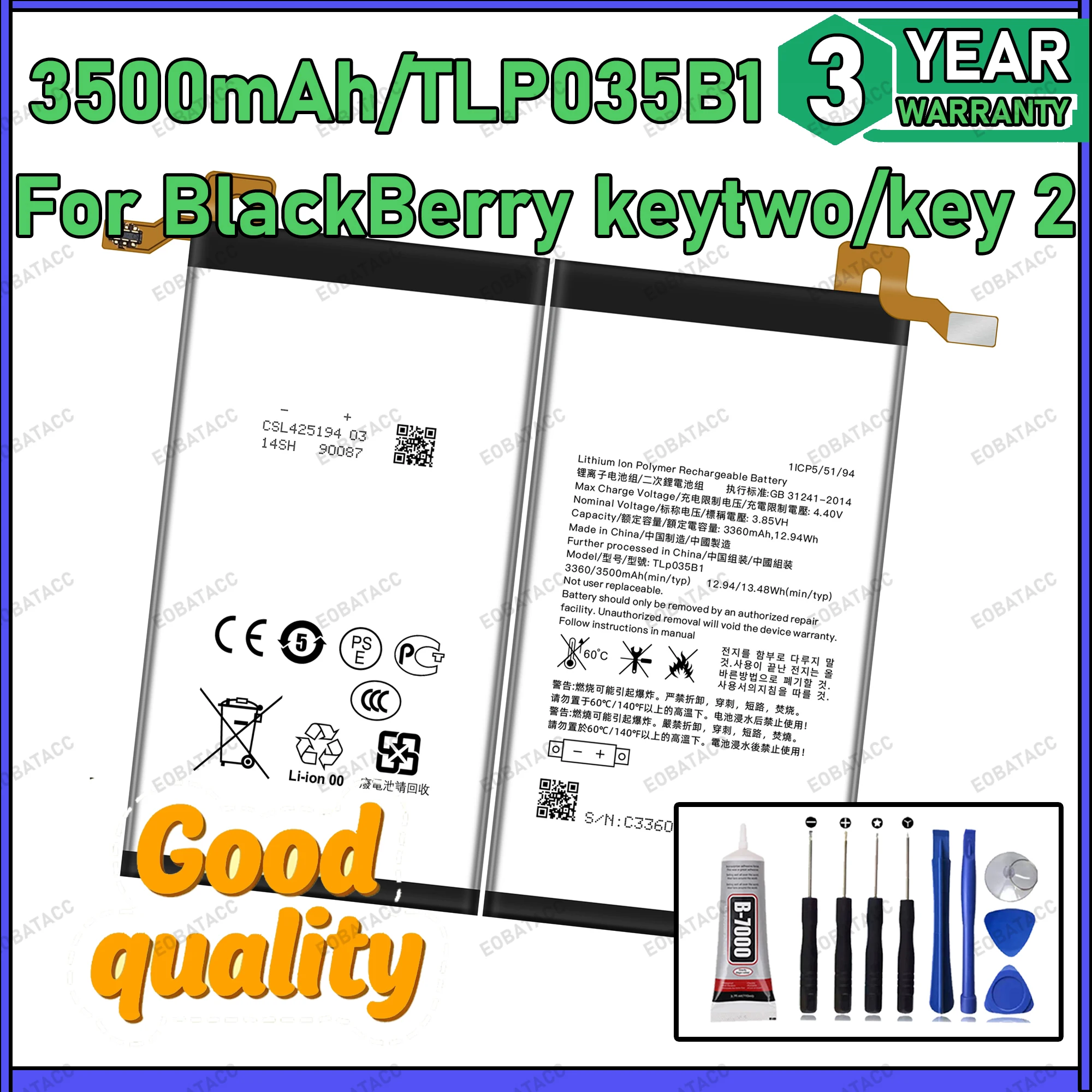 100% New Zero Cycle TLP035B1 TLP034E1 Battery for Blackberry Keytwo Key 2 Keyone KEY1 Original Capacity Batteries Bateria