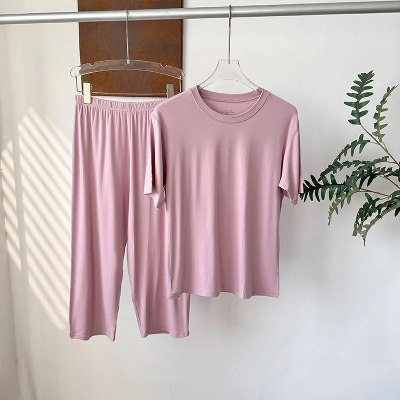 Birdtree 93% Cellulose Fiber 7% Spandex Short Sleeve Pants Suit,Women Solid Pajamas Home Leisure Casual Basic Homewear P57824JF