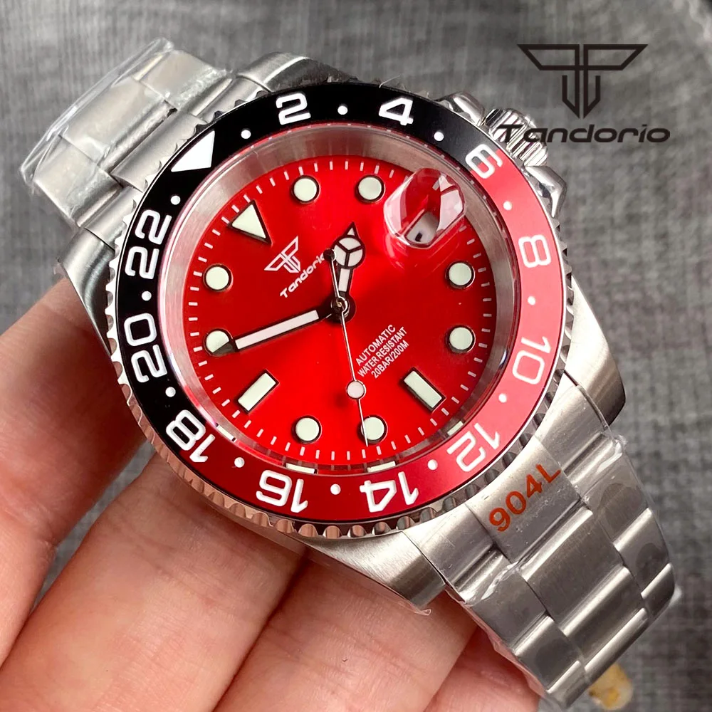 Tandorio NH35A Red Sunburst Dial 40mm Fashion Stainless Steel 200M Dive Automatic Watch for Men Rotating Bezel Sapphire Date