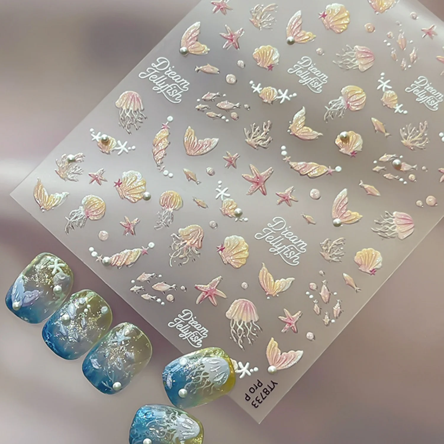 Summer Ocean 5D Nail Sticker Pink Gold Gradient Jellyfish Fish Tail Shell Starfish Dreamy Mermaid Style Self Adhesive Nail Deca