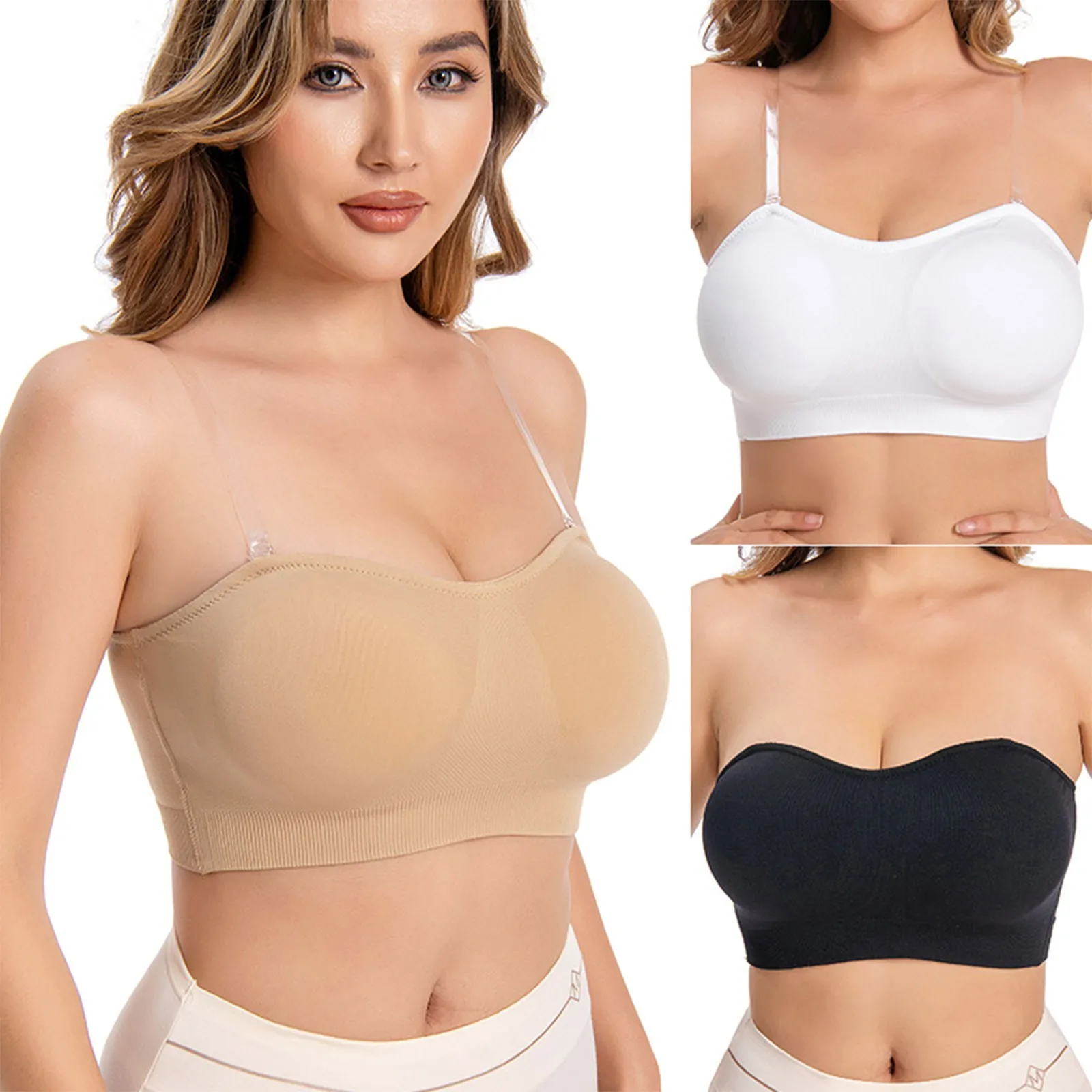 Ladies' Solid Color Tube Strapless Bra Chest Wrap Bandeau Unlined Seamless Breathable Comfortable Stretchy Underwear Tops