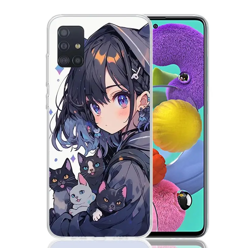 Cute Anime Ins Girls Animal Cat Phone Case For Samsung Galaxy A51 A41 A31 A21S A11 A01 A71 A50 A40 A30S A20E A10S A70 A6 A7 A8 A