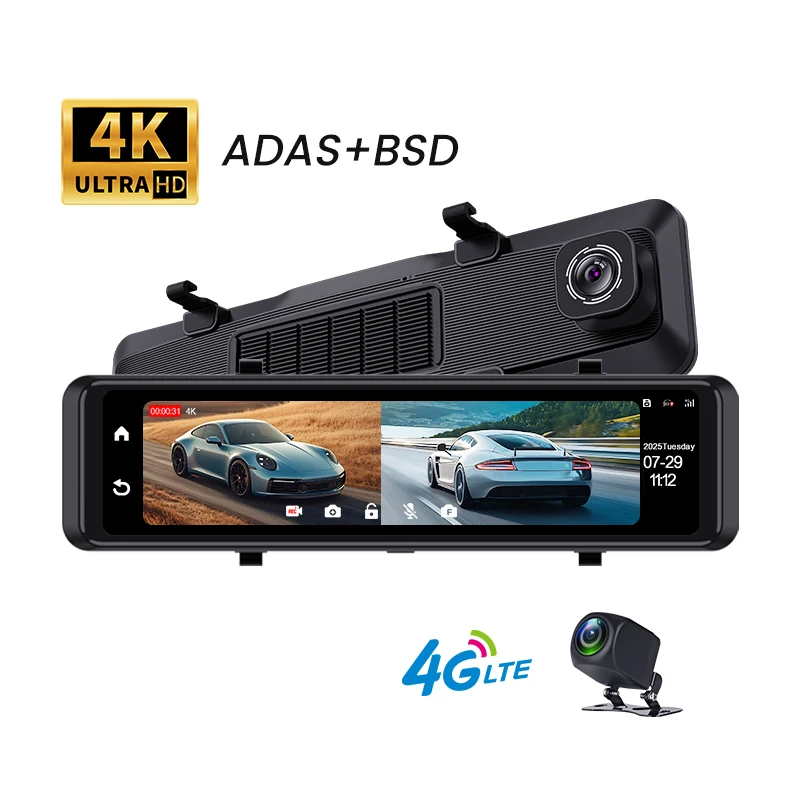 4K+4G 3840*2160P 12 Inch Car DVR Dash Cam WIFI GPS APP Rear View Mirror 1080P Car Camer, WDR,APP WIFI Super Night Vision