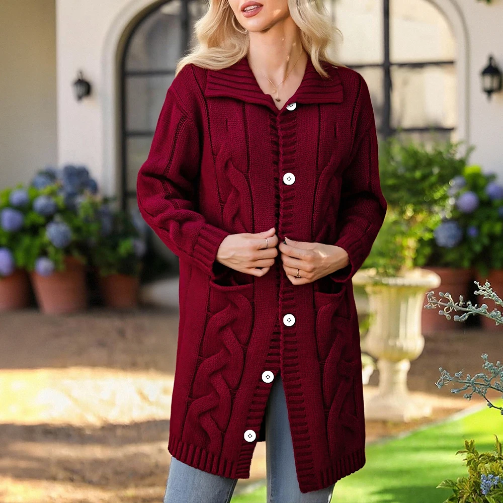 

2025 New Women’s Daily Sweaters Chunky Knit Hooded Style with Button Placket and Functional Pockets for Relaxed Moments