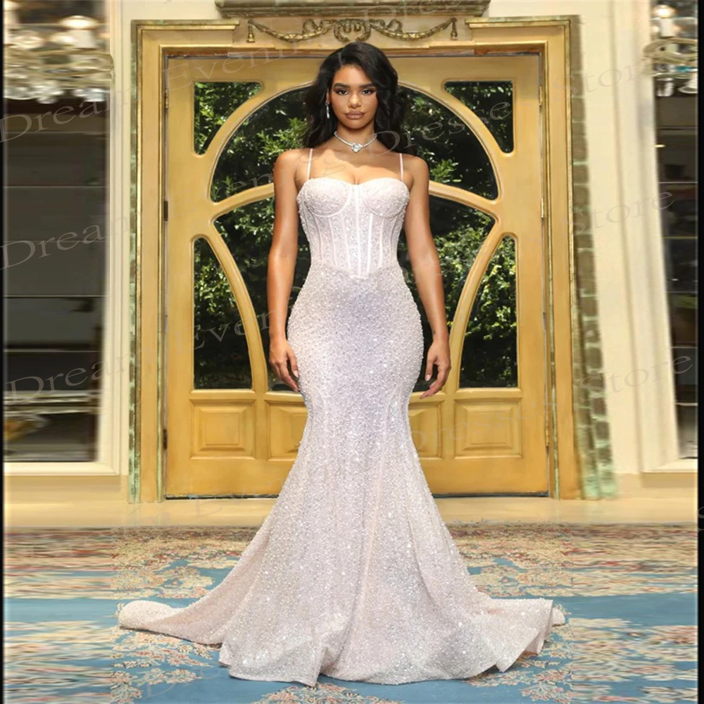 

New Arrival Graceful Mermaid Exquisite Evening Dresses Sexy Spaghetti Strap Sweetheart Prom Gowns With Sequined Zipper Backless