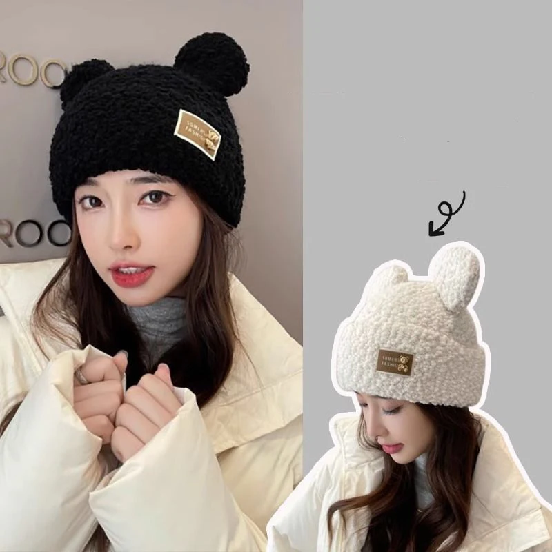 

Warm Plush Hat Fashion Cute Bear Ear Skullcap Beanie Hat Winter Solid Color Women Fall and Winter Knitted Hat