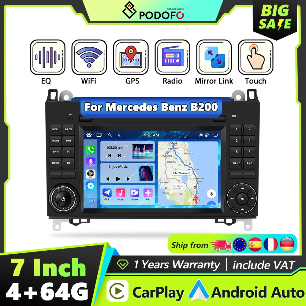 Podofo 2DIN 4+64G Carplay Autoradio für Mercedes Benz B200 Sprinter A-Klasse GPS Android Auto WIFI Mirror Link Intelligentes System