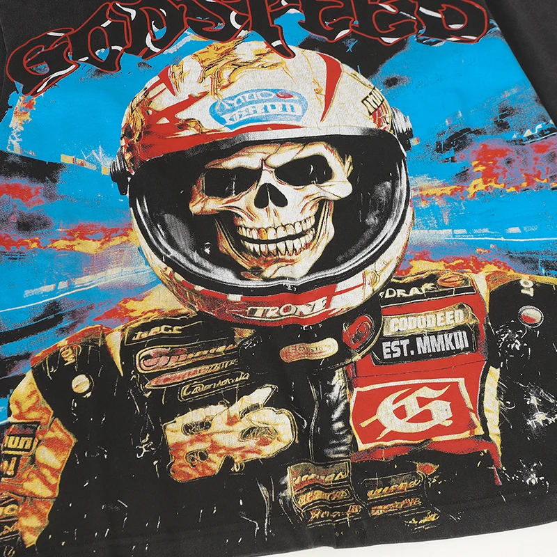 Vintage gewassen Godspeed T-shirts met lange mouwen Rock Roll Tee Skull Racing Driver Print losse streetwear tops heren dames