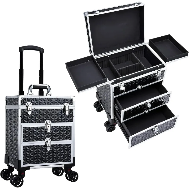 

FRENESSA Professional Rolling Makeup Case Aluminum Trolley Train Case with 360° Swivel Wheels for Makuep Artist Travel Cosmetic