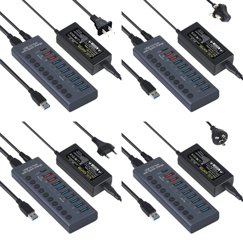 

9-портовый концентратор USB + Type с переключателями питания и светодиодным индикатором для ПК, Прямая поставка