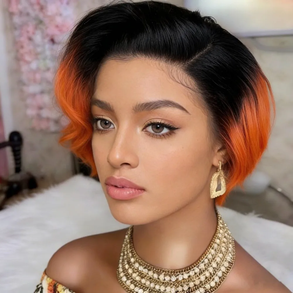 

pixie wig 8inch 150% density 13x4 lace brown color daily party cosplay use wig pixie cut remy hair short straight human hair wig