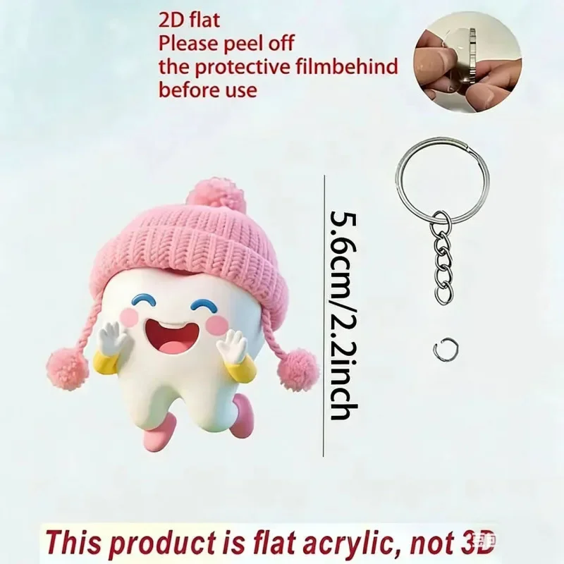 Creative Acrylic Keychain New Happy Hat Wearing Teeth Cartoon Dentist Pendant Jewelry Accessory Backpack Flat Decoration Pendant