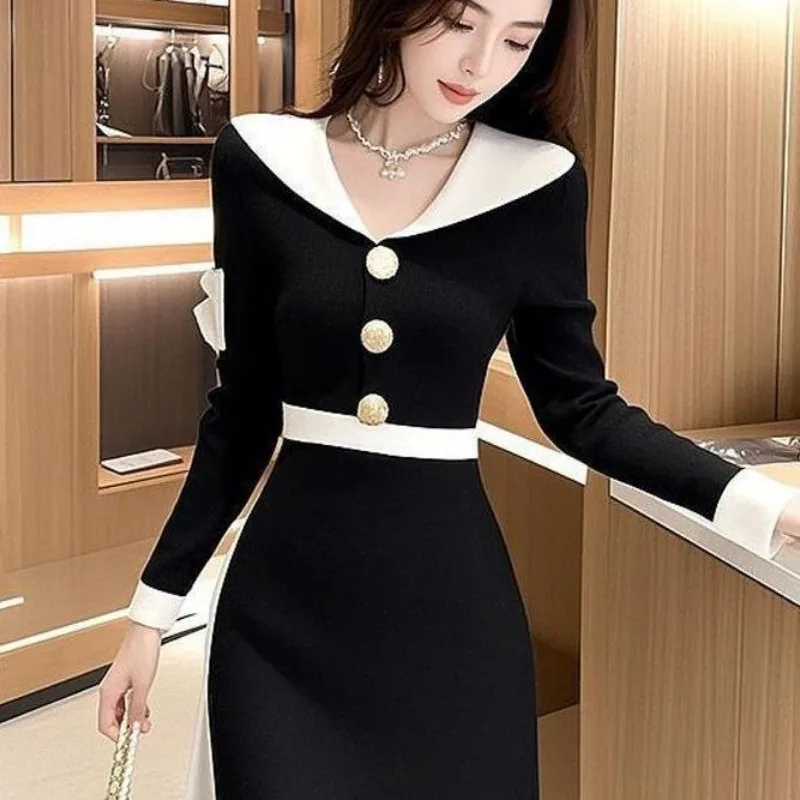Women Clothes Spring Autumn Fashion Korean Button Color Blocking Dresses Ladies All-match Temperament Appear Thin Knitted Dress