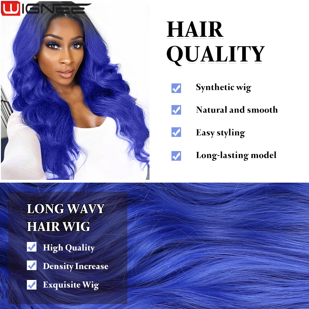 WIGNEE 1B Blue Wig Body Wave Synthetic Hair Lace Wigs For Women Cosplay Wig Long Natural Daily Life Wigs On Sale Clearance