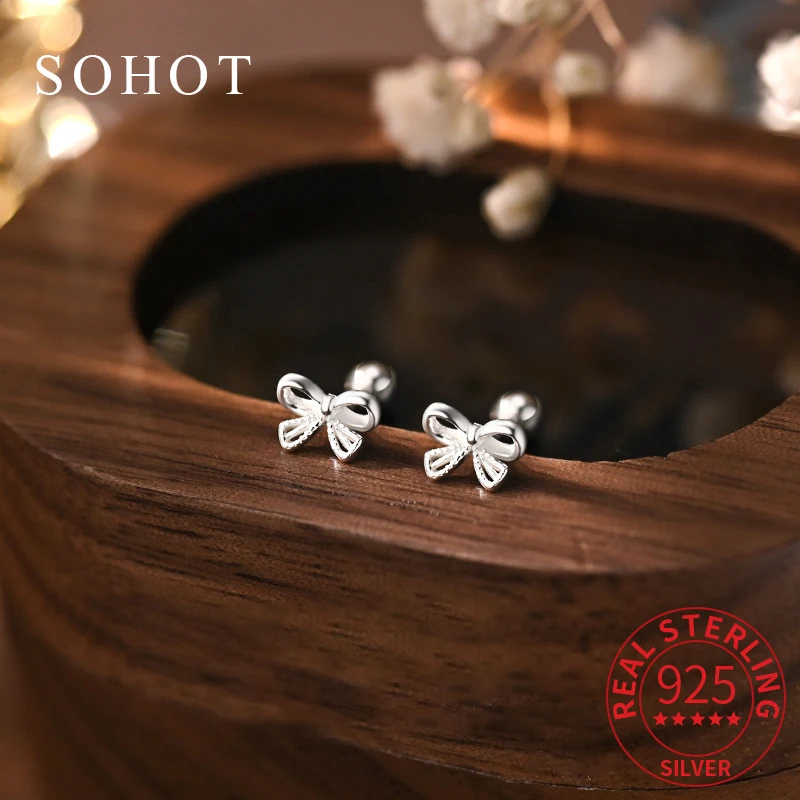 

Real 925 Sterling Silver Mini Hollow Bowknot Screw Bead Stud Earrings for Charm Women Cute Fine Jewelry Geometric Accessories