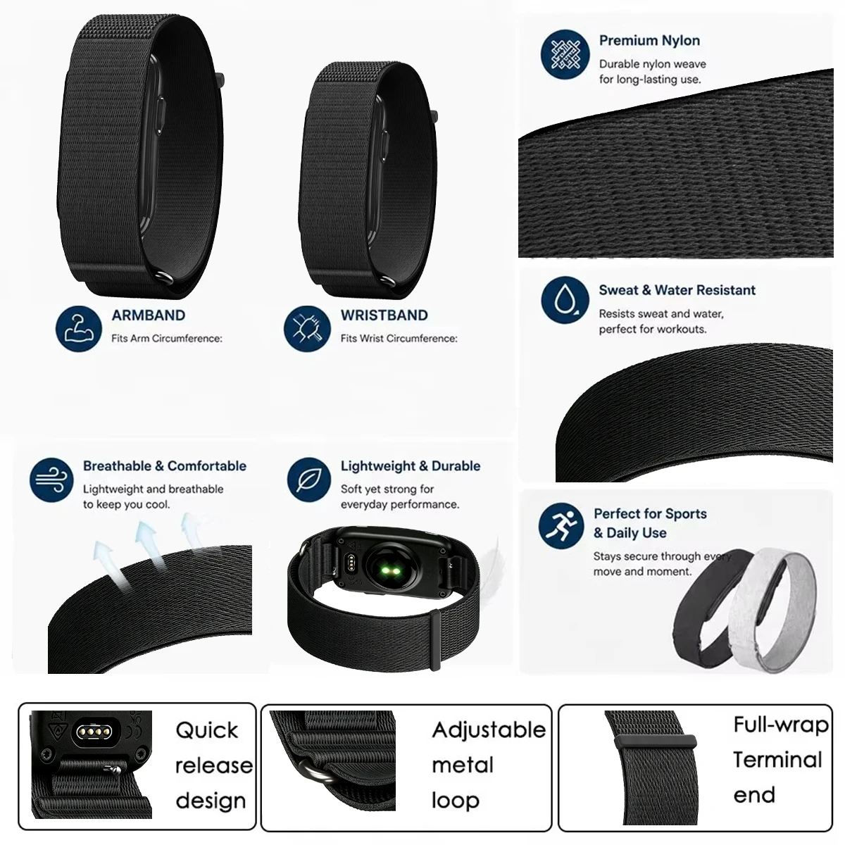 For Garmin CIRQA Smart Band Bicep Armband Sport Fitness Tracker Nylon Woven Breathable Watch Band Adjustable Wrist Loop Strap image 5
