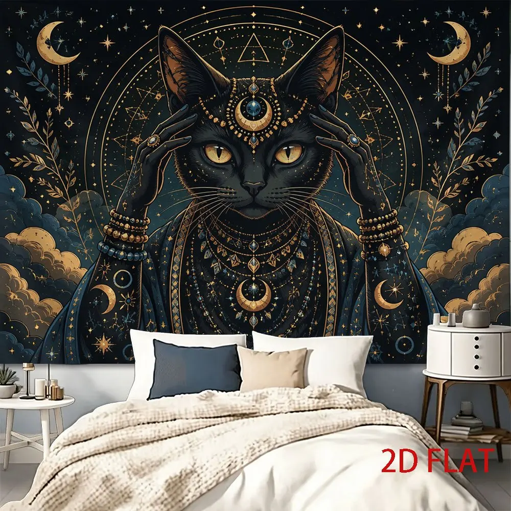 Large Mystical Celestial Cat Tapestry Boho Witchy Astral Zodiac Wall Hanging Polyester Decorative Art for Spiritual Home Decor P