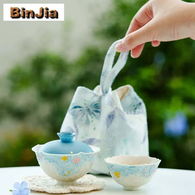 

Sea Blue Pile Color Flowers Travel Tea Set Kit Luxury 1 Bowl 1 Cup Tea Making Organizer Portable Camping Handbag Decoration