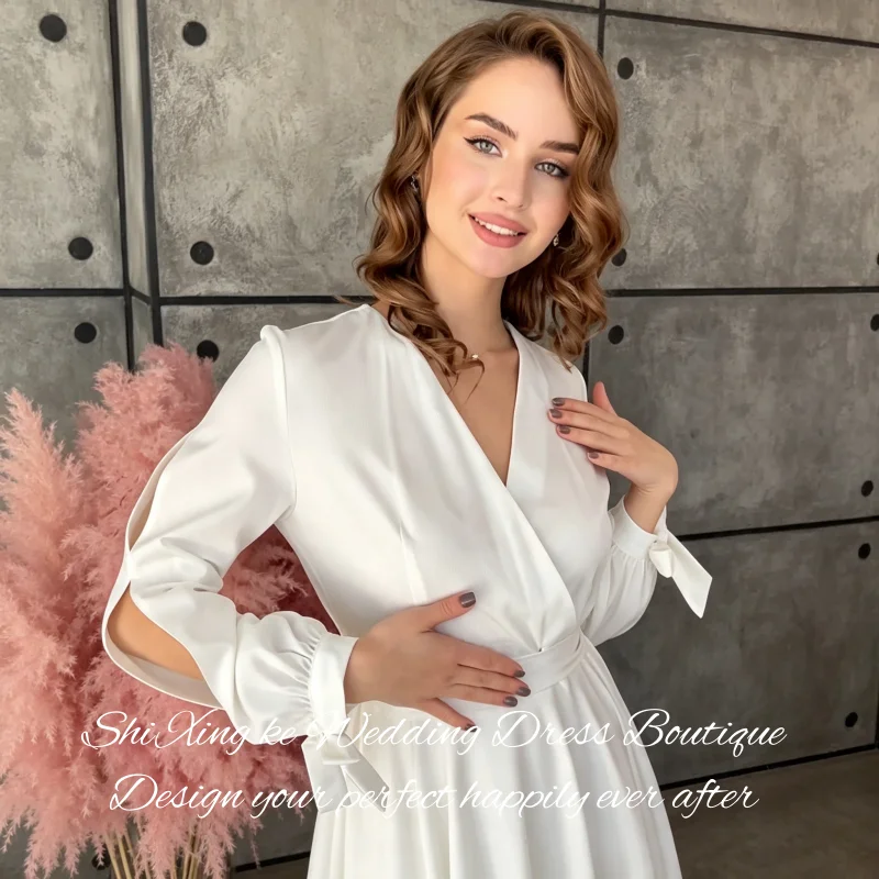 Simple Casual V Wrap Wedding Gown 26 Sleeve Bow Decor High Waist A Line Vestidos De Novia Customized