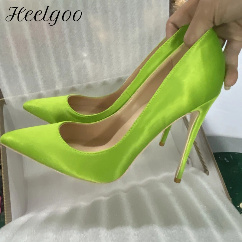

Heelgoo Solid Neon Green Satin Silk Women Pointy Toe High Heel Shoes for Wedding Party Events 12cm Comfortable Stiletto Pumps