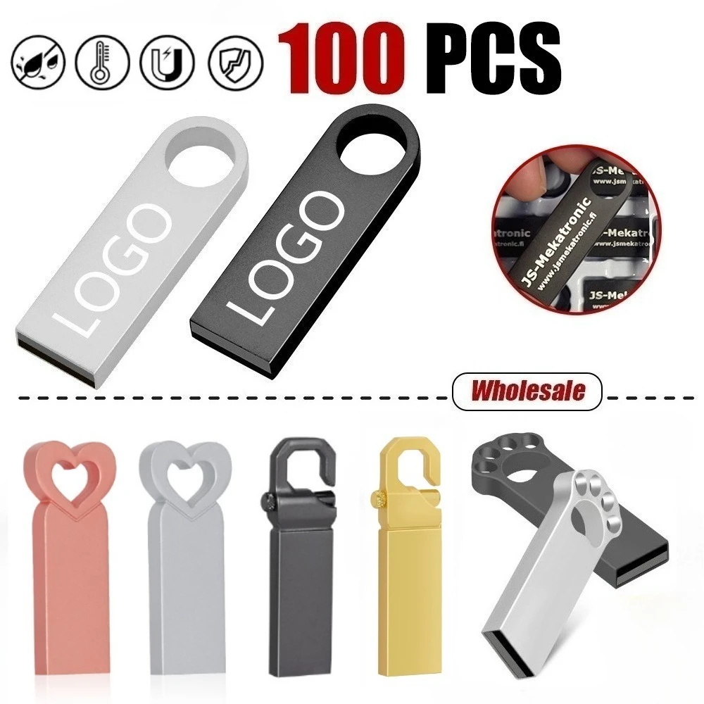 

100PCS Free Custom LOGO USB Flash Drive 4GB 8GB 2.0 High Speed Pen Drive 16GB 32GB 64GB 128GB Pendrive metal usb sticks