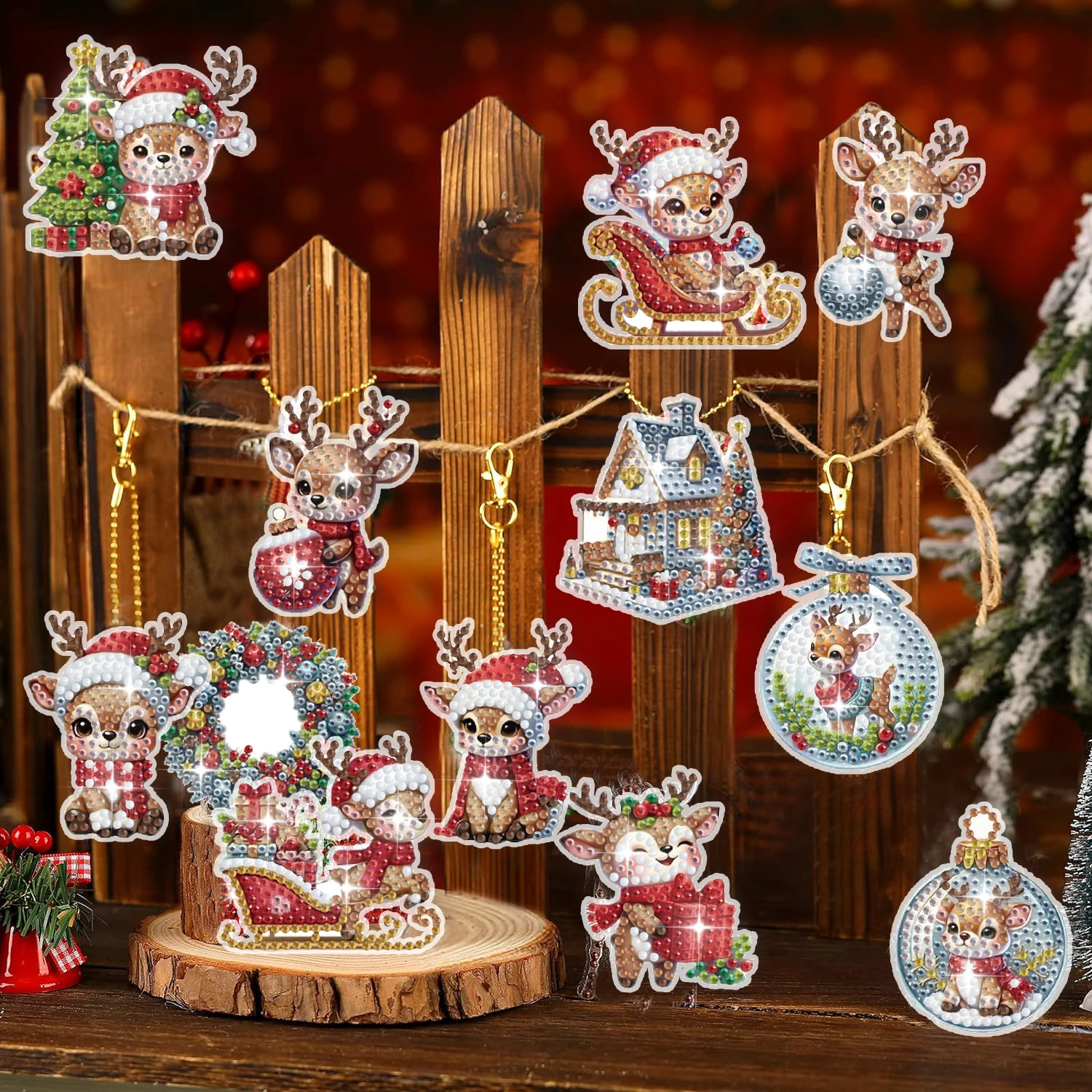 12 pieces DIY diamond painting acrylic material, Christmas deer pattern diamond painting key chain kit