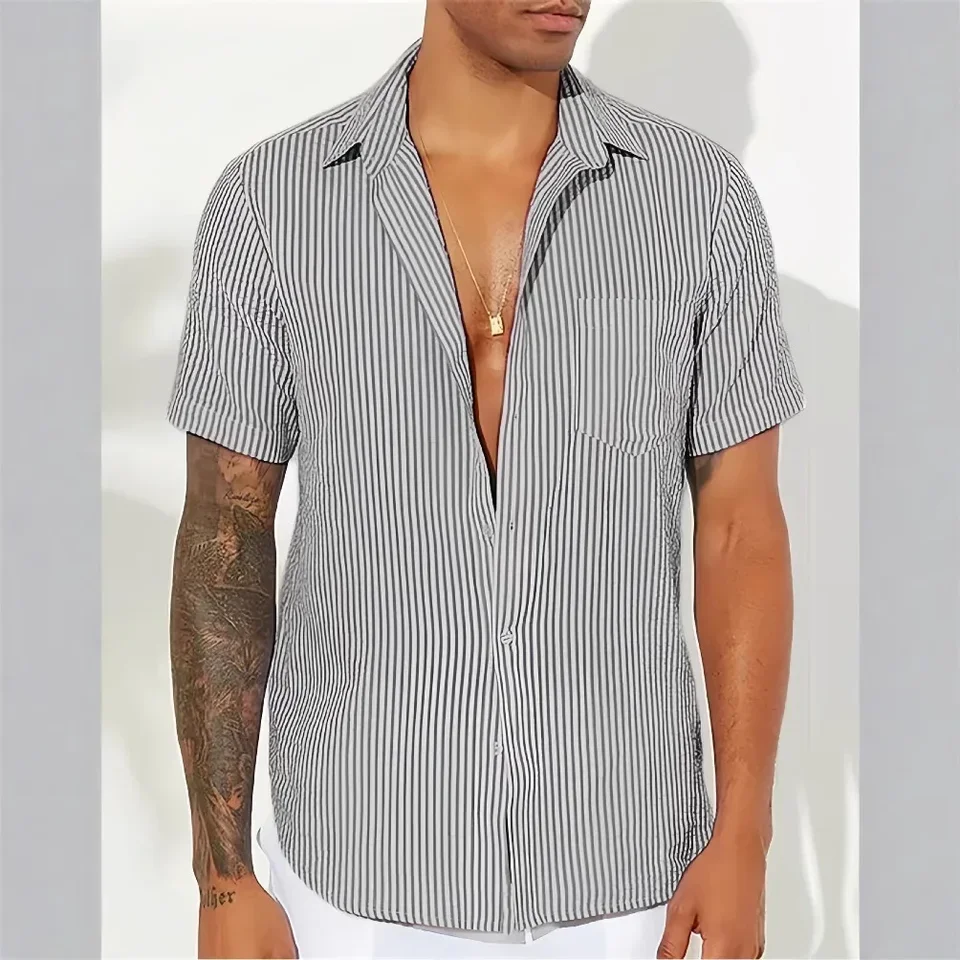 American and European Style New Fashion Summer Men's Turn-down Collar Short Sleeve Shirts Casual Trendy Striped Shirts Male Tops