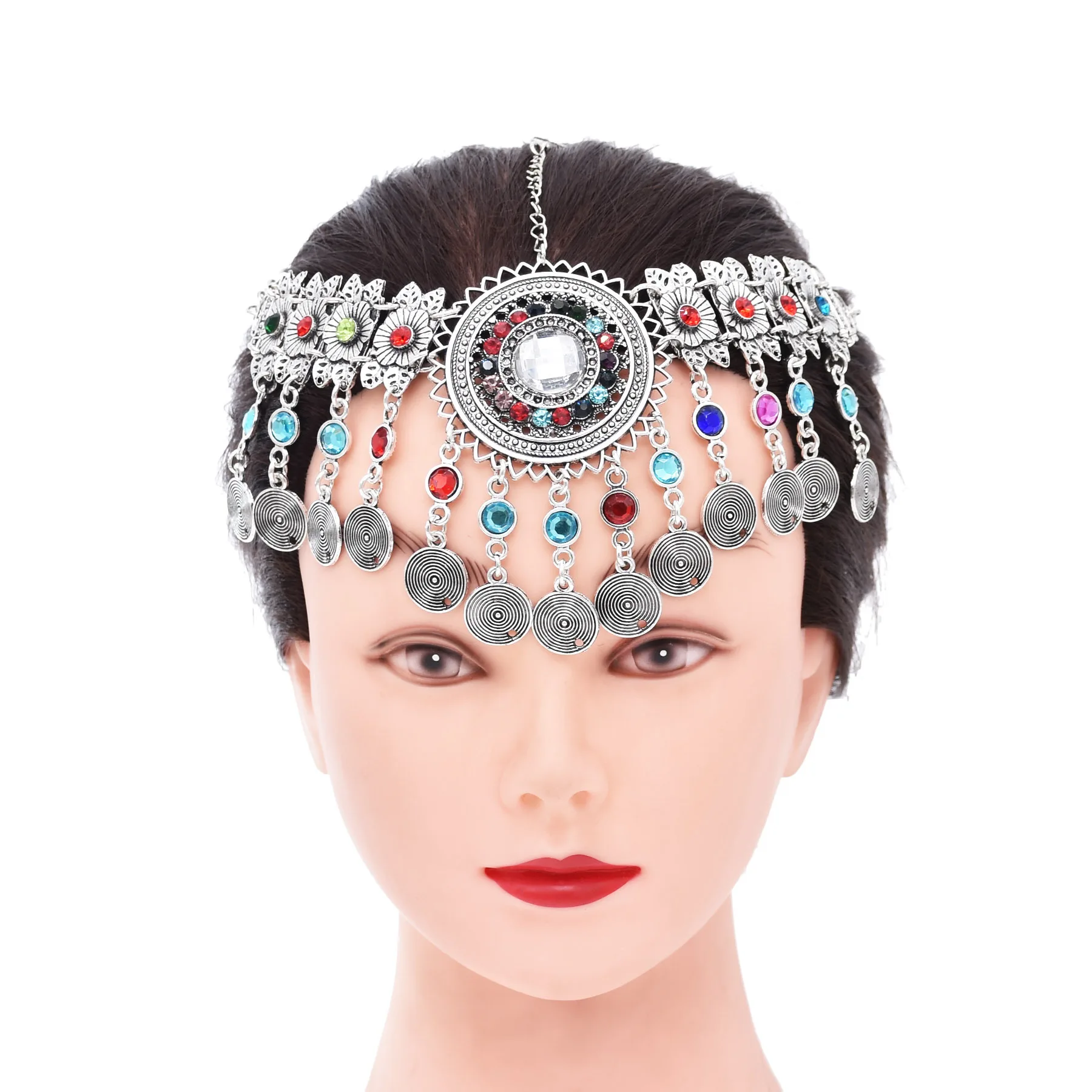 Diadema con borlas de corazón y moneda gitana afgana Vintage para mujer, diadema bohemia colorida con diamantes de imitación, flor hueca, regalo de joyería para la frente femenina