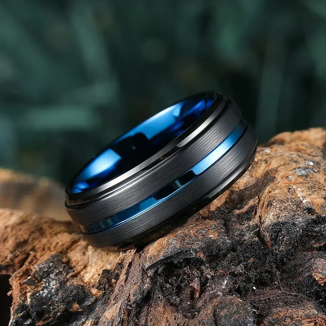 Fashion 8mm Black Tungsten Wedding Ring For Men Thin Blue Line Groove Black Brushed Ladder Edge Ring Men's Wedding Band Jewelry