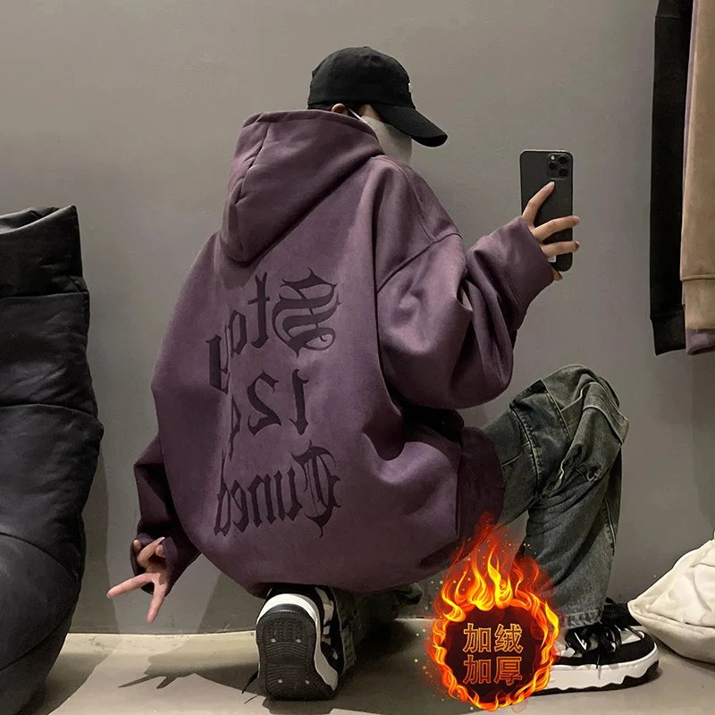 Thiened Suede Fce Hoodie Men's American Retro Sle Jaet Autumn Winter Outerwear Trendy Couple Matching Loose Fit Swea...