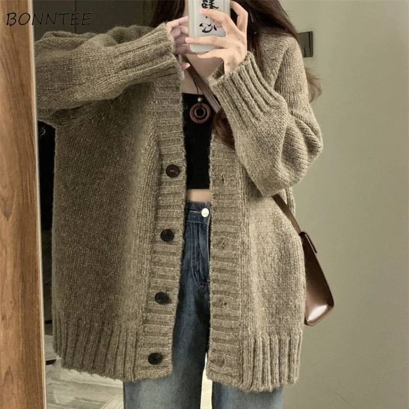 Cardigan Women Loose Student Solid Popular All-match Autumn Jumpers Ins Unisex Tender Sweaters Soft Knitted Simple V-neck Design