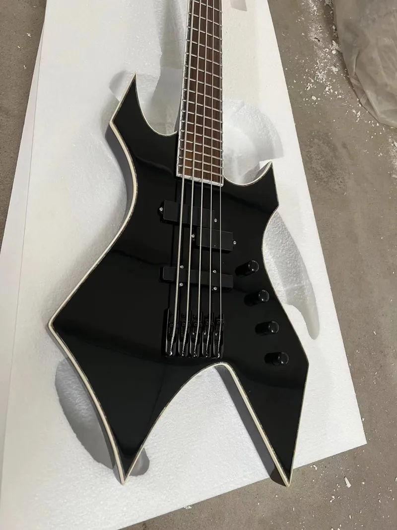 Custom 5-string black electric bass,Rosewood fingerboard,Cream binding,Black hardware,Solid wood quality, free delivery