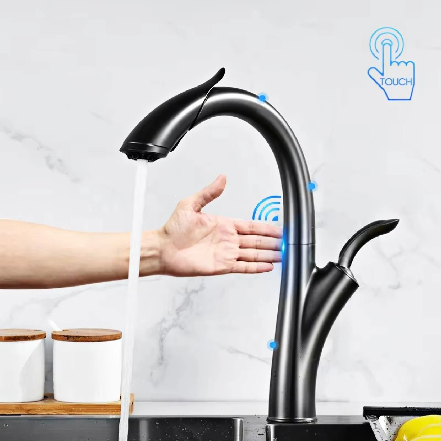 Luxury brass gun gray intelligent touch switch kitchen faucet pull-out design single handle hot & cold water 2 function sink Tap