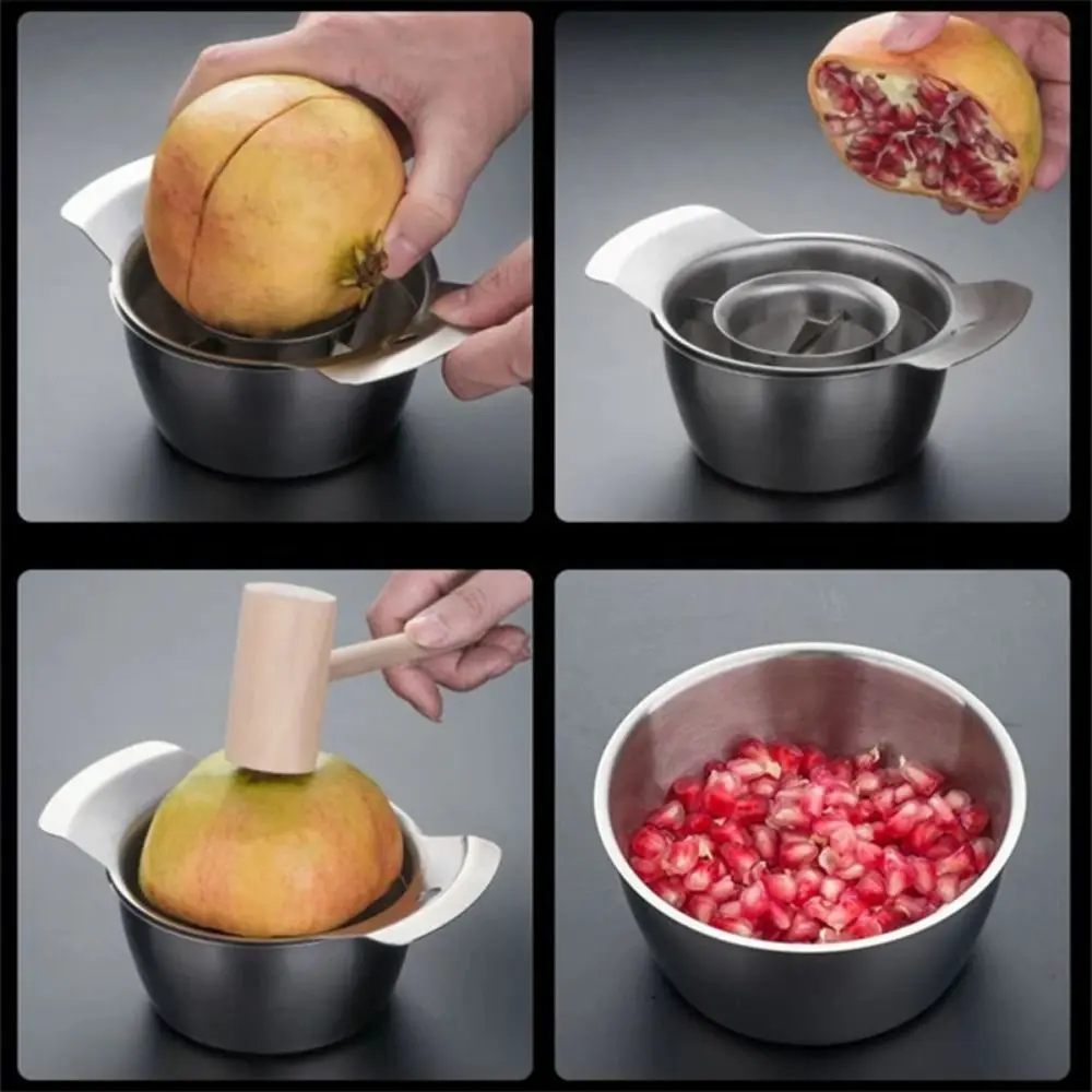 Stainless Steel Pomegranate Peeling Pulp Separator Bowl Non-slip Pomegranate Seed Remover Durable Wooden Hammer