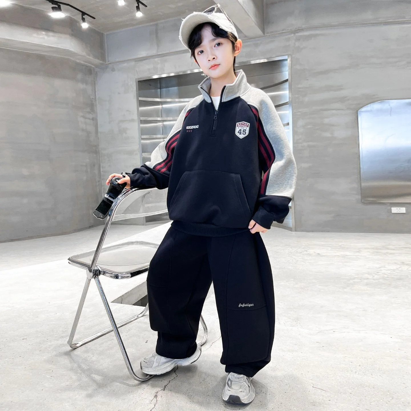 Autumn Winter Boy Teenager Clothes Children Set Sweatshirt Striped Hooded Top + Loose Pant Tracksuit 4 6 8 10 12 14 Years