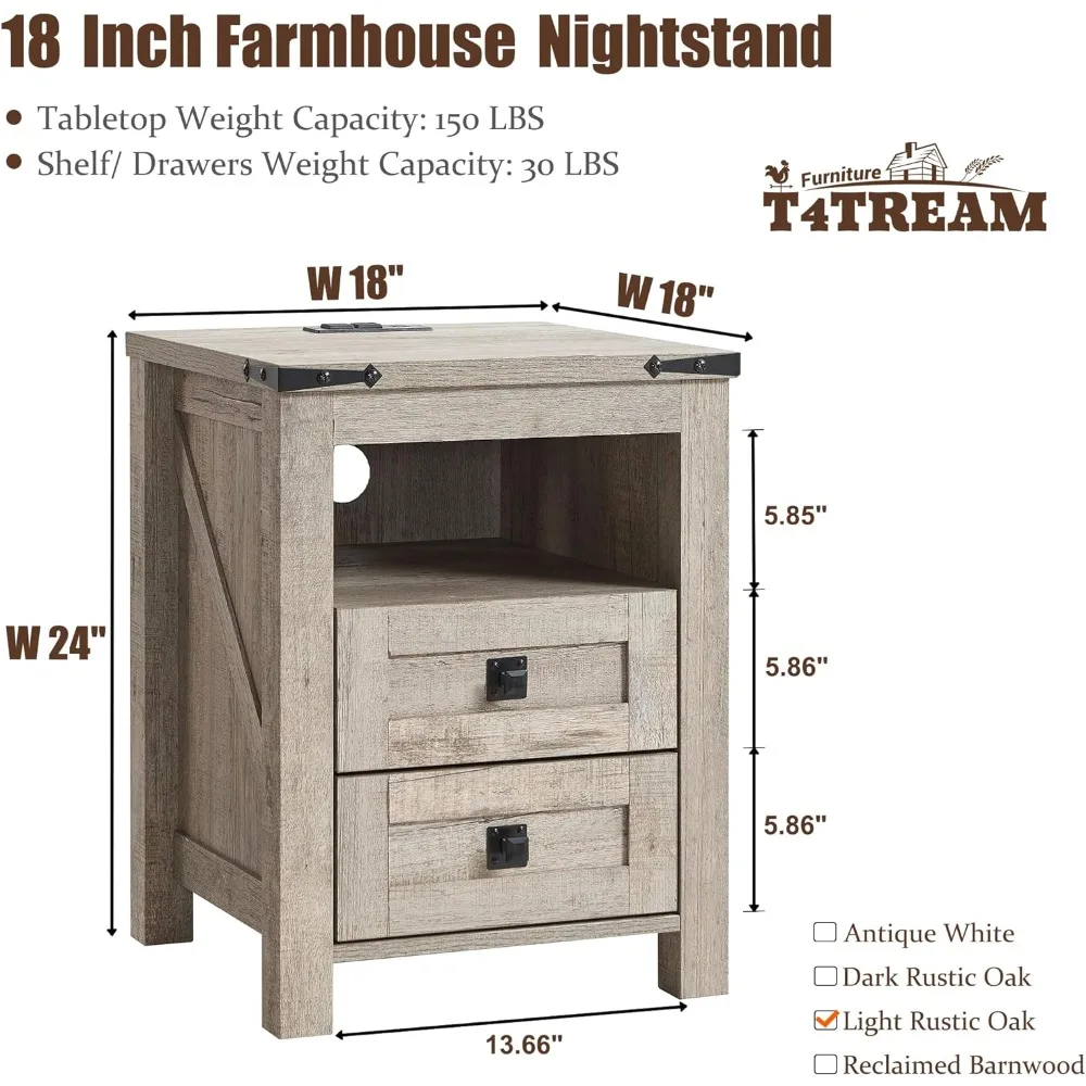 Nightstand wtih Charging Station, End Table, Side Table with 2 Drawers Storage Cabinet for Bedroom, Living Room