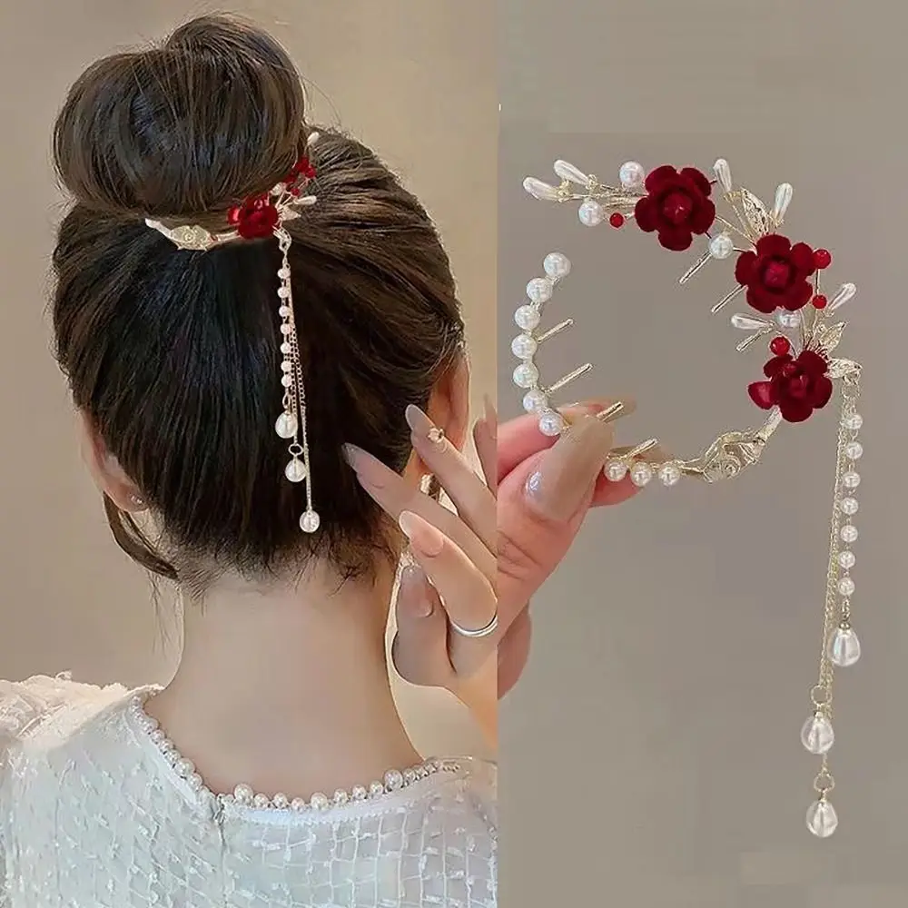 Elegant Retro Meatball ผมคลิป Floristic Pearl CHAIN ผม Claw ผมหางม้า Hairpins ผู้หญิง