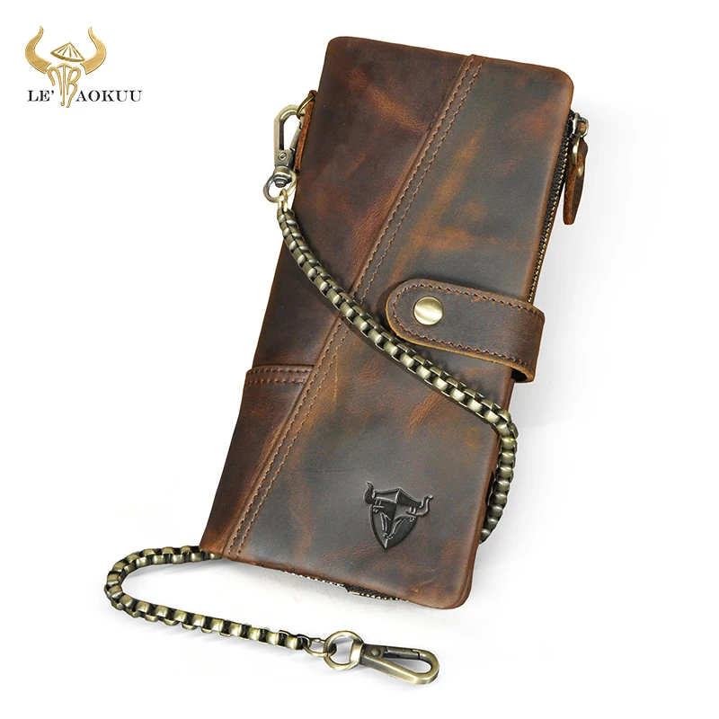 Hot Sale Natural Crazy Horse Leather Travel Business Organizer Chain RFID Wallet For Men Long Zipper Male Purse Card Holder 1803