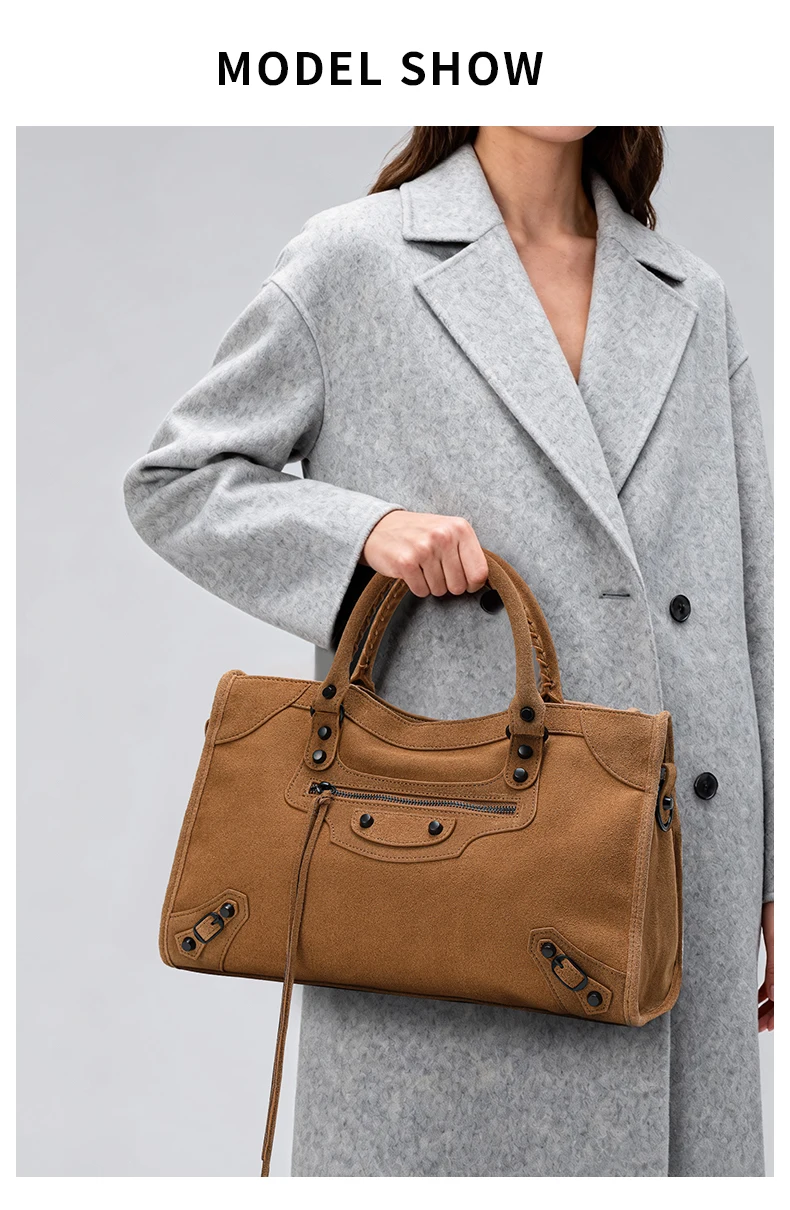 Aidrani Echtes Leder Amerikanische Retro-Wildleder-Handtasche für Damen, Große Motorradtasche, Hochwertige Pendler-Handtasche – Detail 1