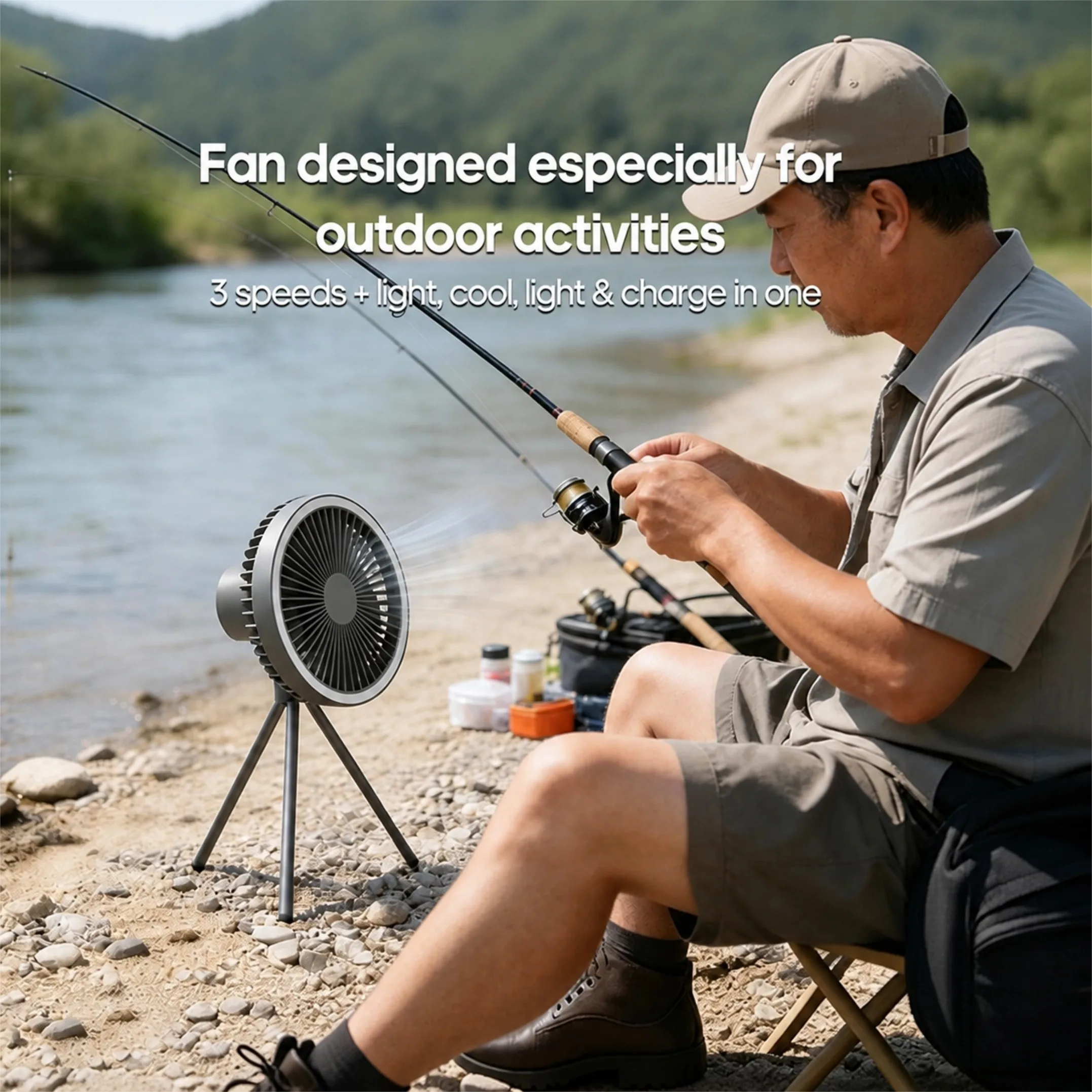 Portable Camping Fan with Ring Light Tripod Stand Rechargeable USB Tent Hanging Fan 2‑in‑1 Outdoor Desktop Cooling Fan Picnic