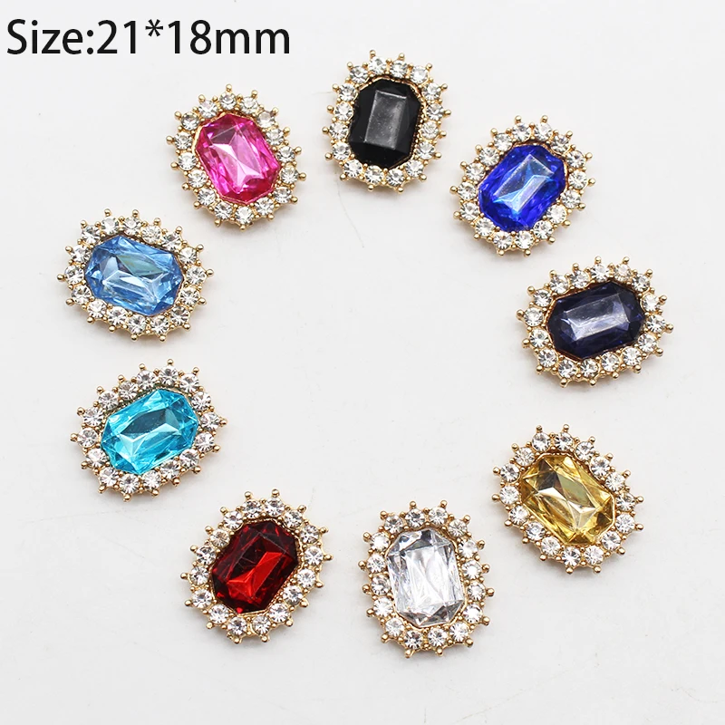 10Pcs 21*18mm Rectangular Acrylic Flat Bottom Rhinestone Alloy Buttons Garment Decoration DIY Gold Plated Jewelry Accessories