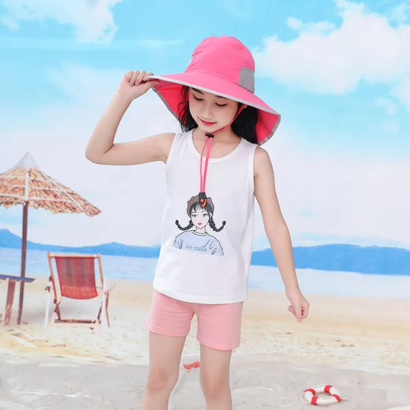 Wide Brim Children Sun Hat Kids Bucket Cap Summer Beach Girls Outdoor Traveling Fishing Camping Hiking Neck Cover Cap UV Protect