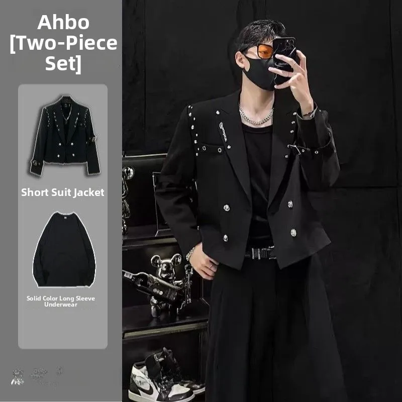 

Premium Short Men's Suit Set with Rivet Design And Double Row Buttons for Spring And Autumn Season Polyester Fiber Long Sleeve
