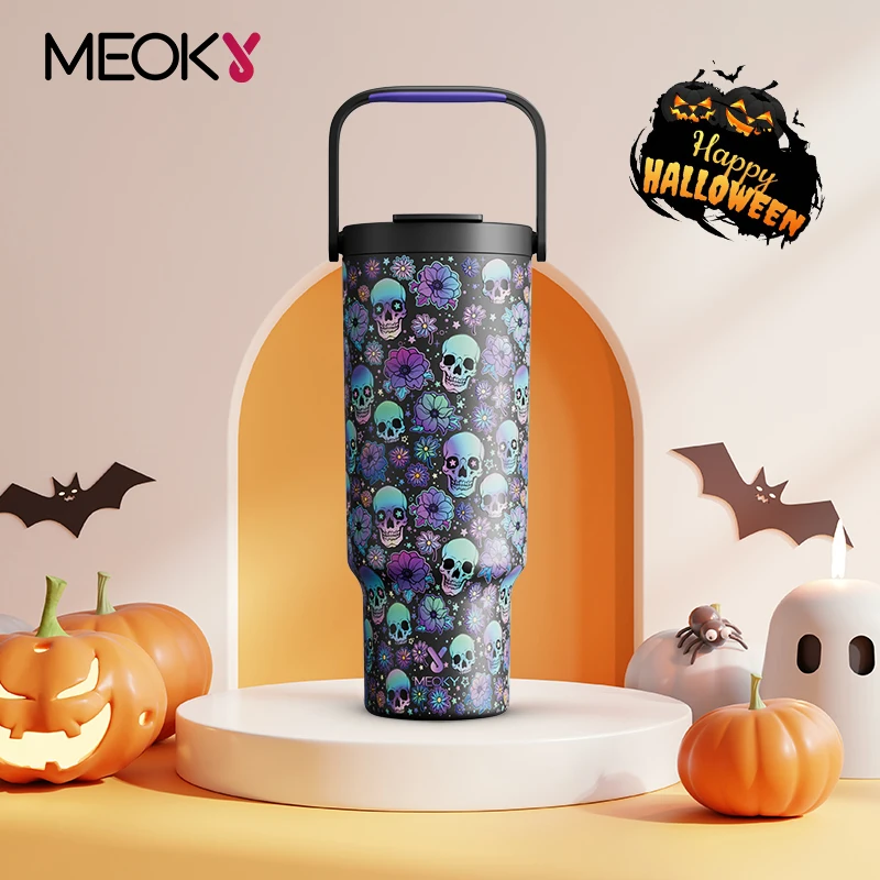 Meoky 40oz 1182ml Handle Tumbler Insulated Vacuum Travel Car Mug Halloween Skulls Thermal Stainless Steel Coffee Milk Tea Cup