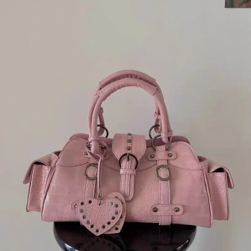 JBTP Vintage Biker Shoulder Bag Y2k Hippie American Street Style Heart Rivets Pink Handbag New Advanced Leather Designer Bags