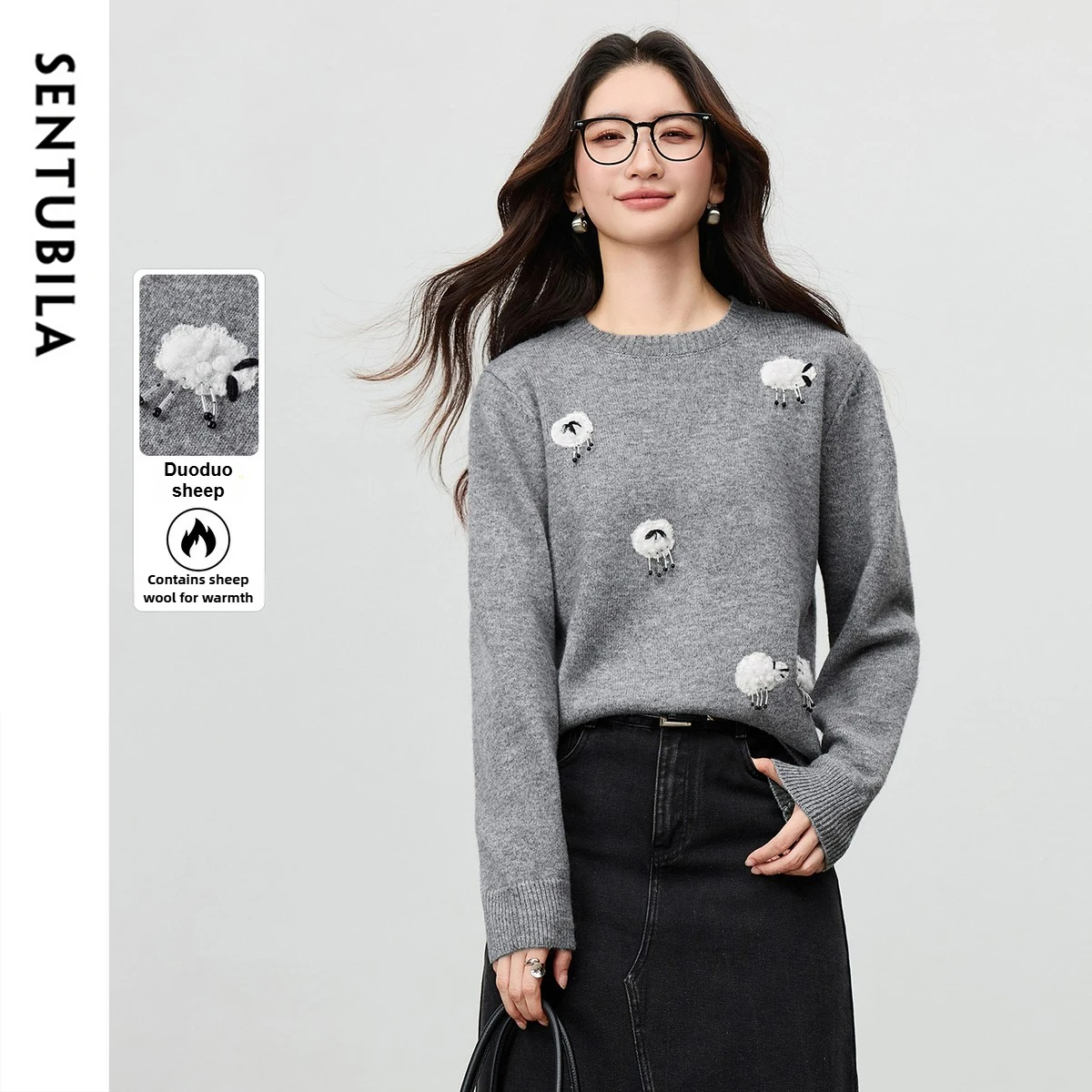 

SENTUBILA Fashion Lamb Pattern Sweater for Women 2025 Autumn Winter Soft Wool Blend Knit Top Loose Fit Versatile W54EE3845